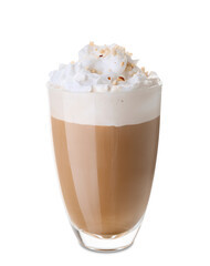 Glass of tasty latte with nuts on white background