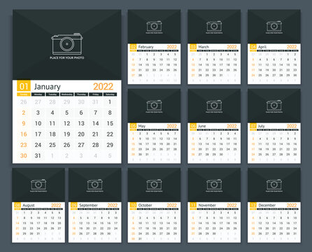2022 Calendar template, week starts on Sunday, a3 size, place for your photo