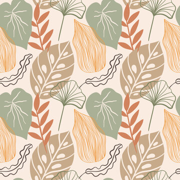 Solid Style Foliage Seamless Pattern Of Earth Tone Autumn Leaves With Light Background