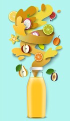 Fruit juice packaging glass bottle, paper cut fresh fruits, liquid splash, drops. Healthy drink, vector illustration.