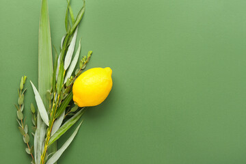 Sukkot festival symbols on color background
