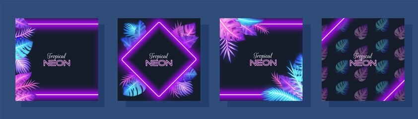 Tropic social media stories, social network pages, banners. Jungle leaves frames, neon light design vector illustration.