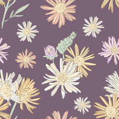 Floral Vector Pattern with Chrysanthemums in Pastel colors. Dark Background. Vintage. Romantic mood for print.