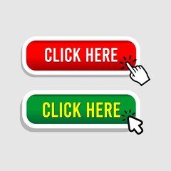 Click Here Button with Click cursor. Set for button website design. Click button. Modern action button with mouse click symbol. Computer mouse cursor or Hand pointer symbol