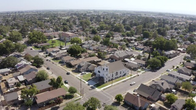 Daytime aerial view of the urban core of downtown Turlock, California, USA.