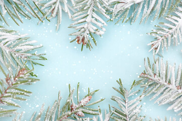 Christmas border - fir branches on a snowy blue background