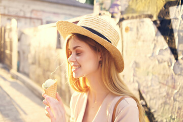 beautiful woman outdoor walk eat ice cream walk travel fun