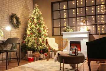 Fototapeta na wymiar Interior of stylish living room decorated for Christmas