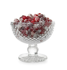 Bowl with tasty sugared cranberries on white background