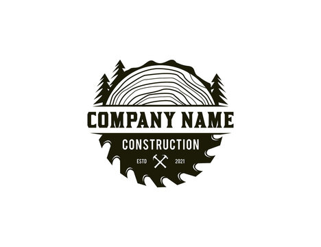 Woodworking logo with saw blade and tree line icon