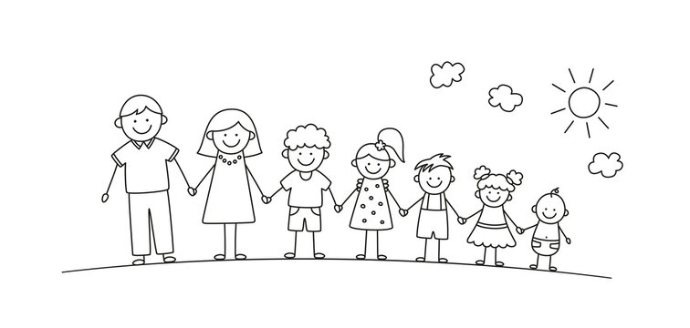 Happy doodle stick mans family in summer park. Hand drawn family members. Mother, father and kids holding hands. Vector illustration isolated in doodle style on white background.