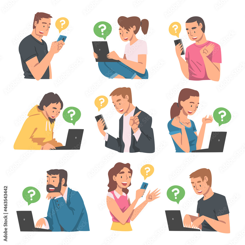 Poster people character asking question using internet search system on their smartphone and laptop vector 
