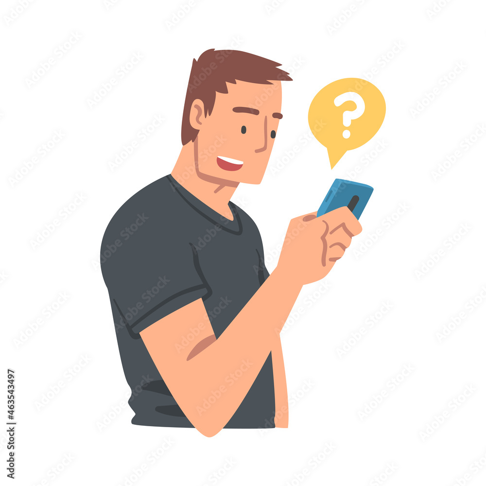 Sticker Young Man Character Asking Question Using Internet Search System on His Smartphone Vector Illustration