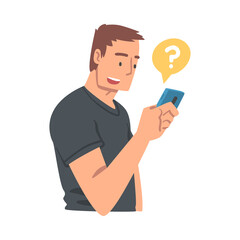 Young Man Character Asking Question Using Internet Search System on His Smartphone Vector Illustration