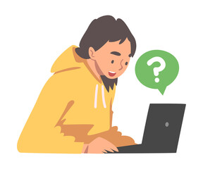 Young Woman Character Asking Question Using Internet Search System on Her Laptop Vector Illustration