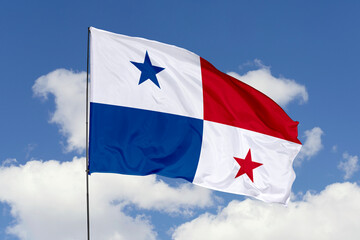 Panama flag isolated on the blue sky background. close up waving flag of Panama. flag symbols of Panama. Concept of Panama.