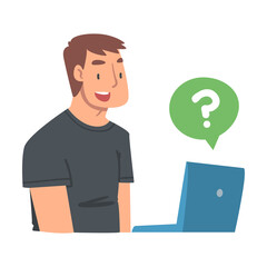 Young Man Character Asking Question Using Internet Search System on His Laptop Vector Illustration