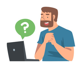 Young Bearded Man Character Asking Question Using Internet Search System on His Laptop Vector Illustration