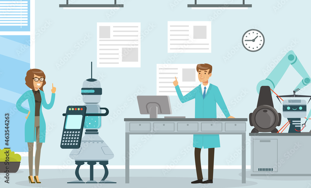 Aufkleber artificial intelligence development with man and woman scientist engaged in robot and machine resear