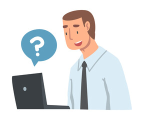 Young Man Character Asking Question Using Internet Search System on His Laptop Vector Illustration