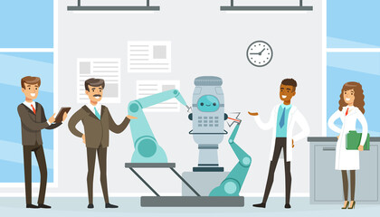 Man and Woman Scientist Presenting Artificial Intelligence Assistance in Operation Vector Illustration