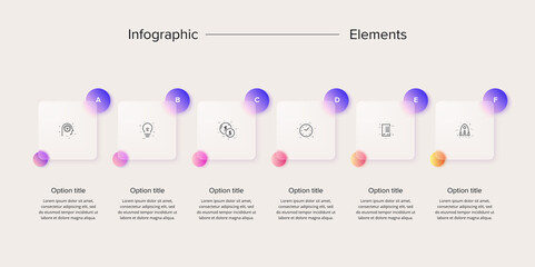 Business process chart infographics with 6 step circles. Circular corporate workflow graphic elements. Company flowchart presentation slide. Vector info graphic in glassmorphism design.