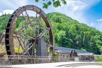 夢すき公園の親子孫水車　岡山県新見市神郷 The largest triad waterwheel in Japan (parent-child-grandchild waterwheel) at Yumesuki Park in Shingo town, Niimi city, Okayama pref. Japan.