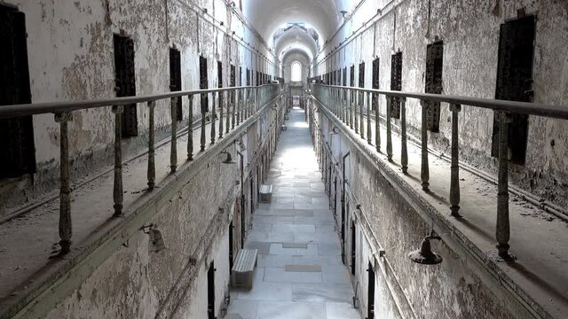 Prison cellblock looking down at first tier at Eastern State Penitentiary.