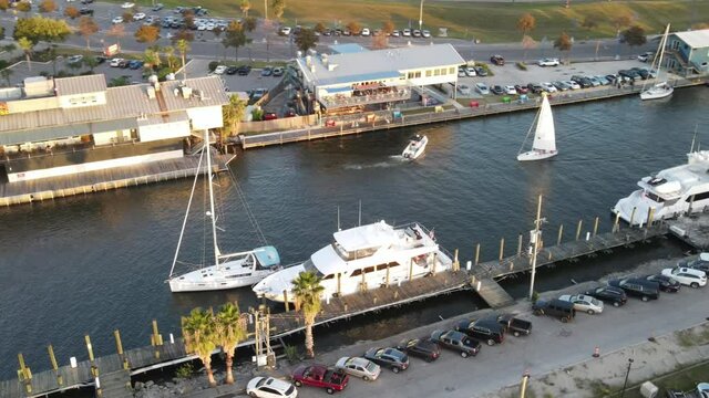 Luxury Yachts Dock Near The West End Point In New Orleans, USA. Aerial