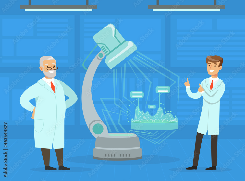 Poster man scientist conducting experiment with artificial intelligence assistance vector illustration