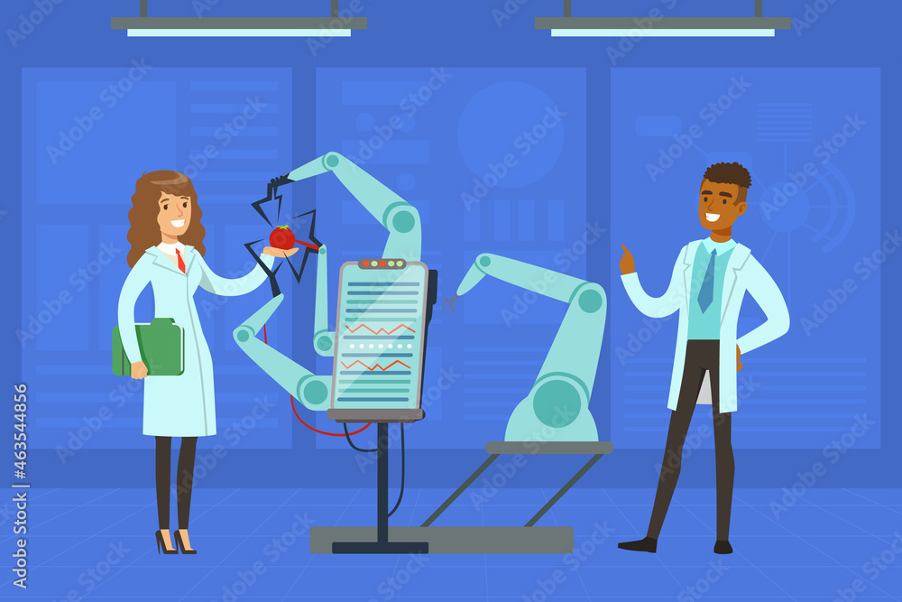 Poster man and woman scientist conducting experiment with artificial intelligence assistance vector illustr