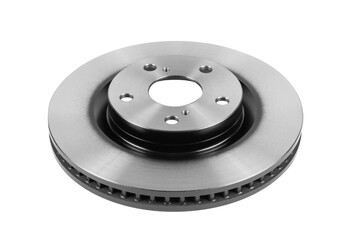 Brake disc isVentilated brake disc for a passenger car isolated on a white background. A spare part for the car brake system.olated on white background