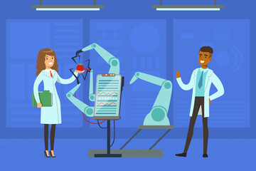 Man and Woman Scientist Conducting Experiment with Artificial Intelligence Assistance Vector Illustration