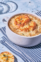 French onion soup, with cheese croutons and thyme