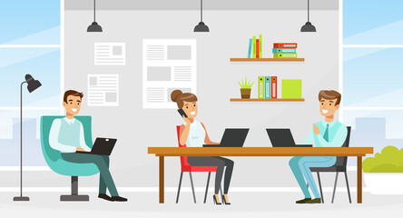 People Coworker in Office Space Working Together at Table and in Armchair Vector Illustration