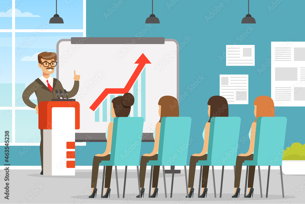 Poster man character coworker in office space showing presentation on markerboard vector illustration