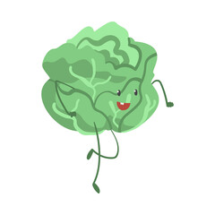Funny Green Cabbage Character Dancing Moving Hand and Legs Vector Illustration