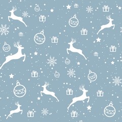 Christmas seamless pattern. Christmas tree, deer, Christmas decorations, gift, Christmas gifts.