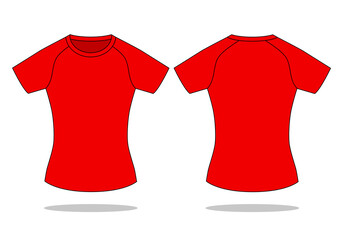 Women's Red Raglan Short Sleeve T-Shirt Template Vector On White Background.Front and Back View.