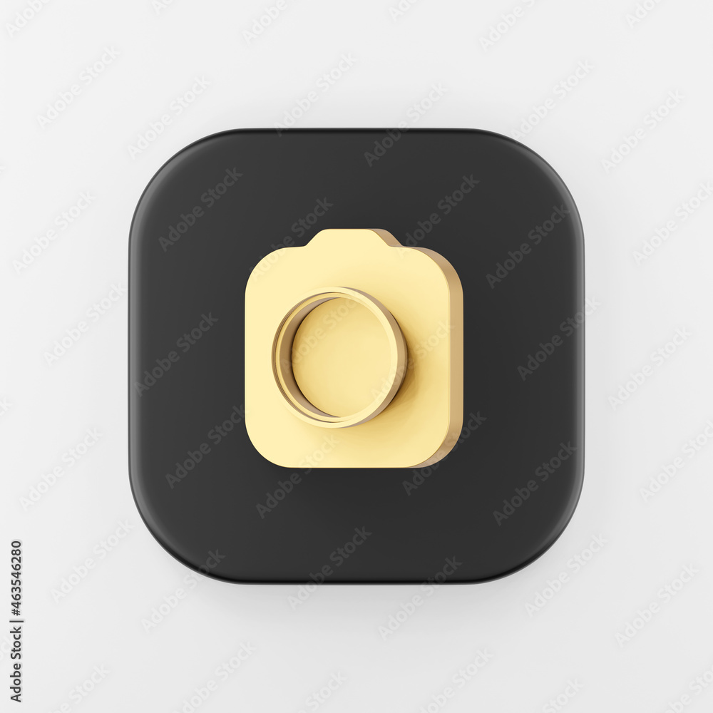 Poster gold photo camera icon. 3d rendering black square button key, interface ui ux element.
