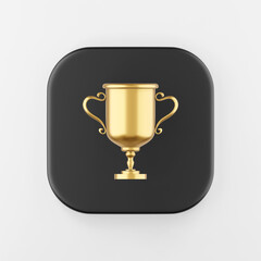 Winner gold cup icon. 3d rendering black square button key, interface ui ux element.