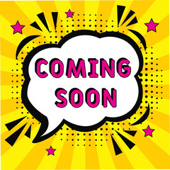 Comic book explosion with text Coming soon, vector illustration. Coming soon in comic pop art style. Comic advertising concept with Coming soon wording. Modern Web Banner Element