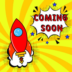 Comic book explosion with text Coming soon, vector illustration. Coming soon in comic pop art style. Comic advertising concept with Coming soon wording. Modern Web Banner Element