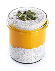 Chia seed pudding with mango puree and pumpkin seeds isolated on white background. With clipping...