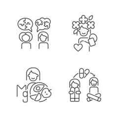 Mental disorders treatment linear icons set. Depression medication therapy. Mental health and wellbeing. Customizable thin line contour symbols. Isolated vector outline illustrations. Editable stroke