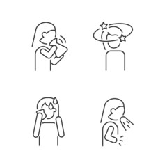 Panic disorder symptoms linear icons set. Nausea and dizziness. Anxiety, stress signs. Mental disorders. Customizable thin line contour symbols. Isolated vector outline illustrations. Editable stroke