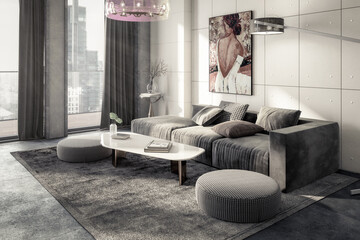 Sitting Group & Decorative Art Presentaion Insiede a Penthouse Flat - black and white 3D Visualization
