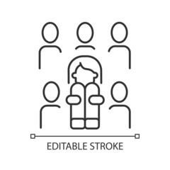 Enochlophobia linear icon. Irrational fear of crowd. Panic disorder. Psychotherapy treatment. Thin line customizable illustration. Contour symbol. Vector isolated outline drawing. Editable stroke