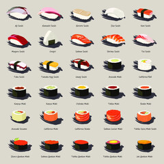 Vector illustration. Sets of types of sushi. 