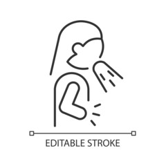 Nausea and vomiting linear icon. Panic attack sign. Mental disorder triggers digestive problems. Thin line customizable illustration. Contour symbol. Vector isolated outline drawing. Editable stroke